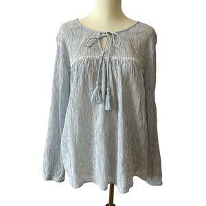 DYLAN TOP BLUE WHITE STRIPES SZ M TASSELS BOHEMIAN BABY DOLL FEMININE FLOWY CUTE